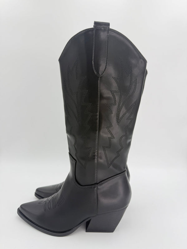 Black Faux Leather Embroidered Cowboy Boots - H&L