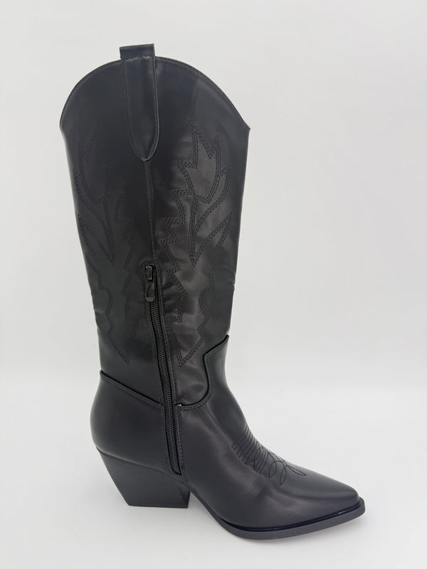 Black Faux Leather Embroidered Cowboy Boots - H&L
