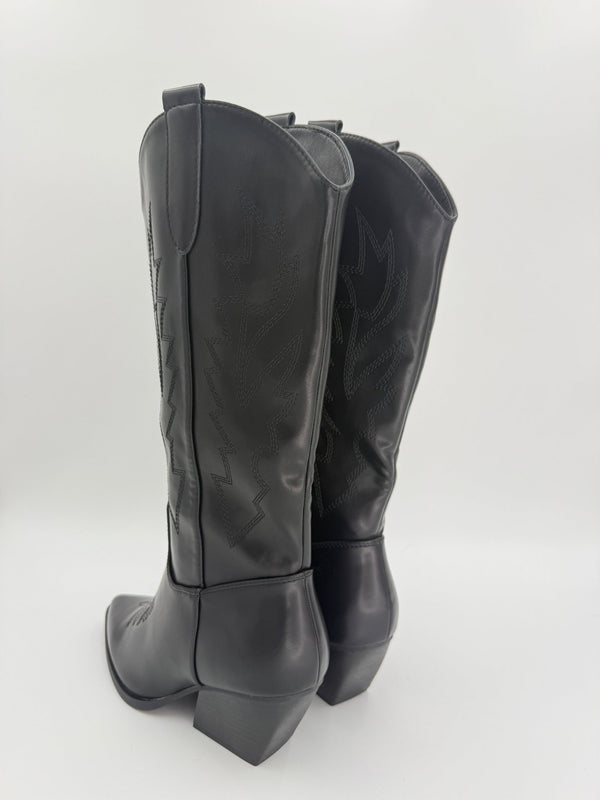 Black Faux Leather Embroidered Cowboy Boots - H&L