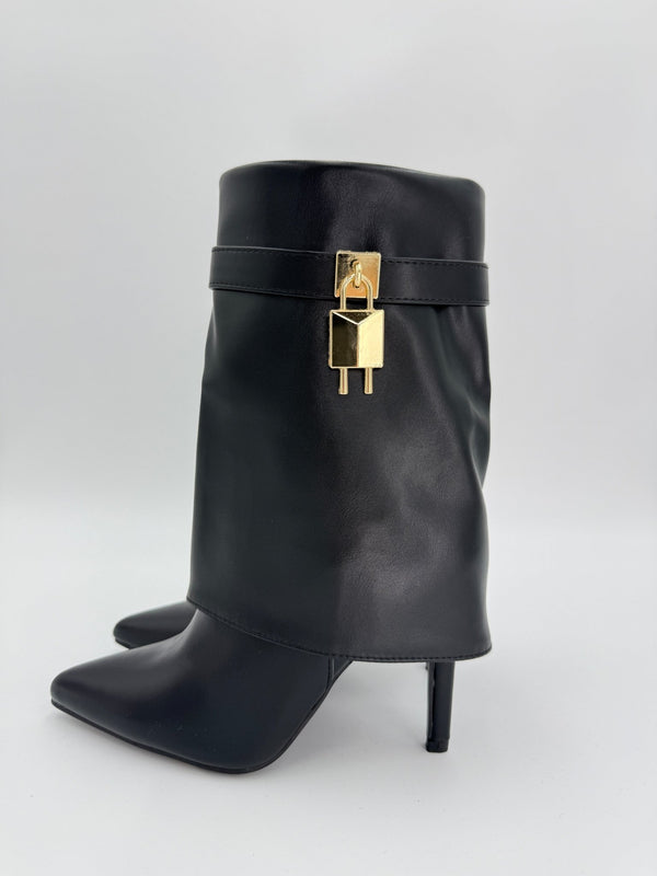 Black Fold Over Faux Leather Lock Boots - H&L