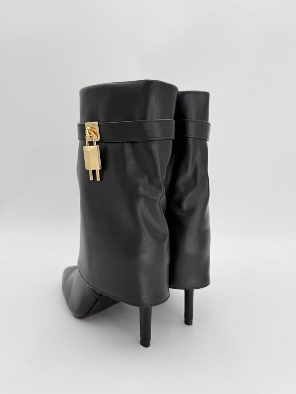 Black Fold Over Faux Leather Lock Boots - H&L