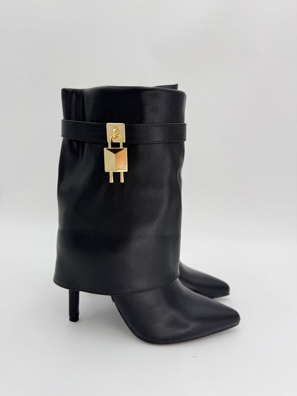 Black Fold Over Faux Leather Lock Boots - H&L
