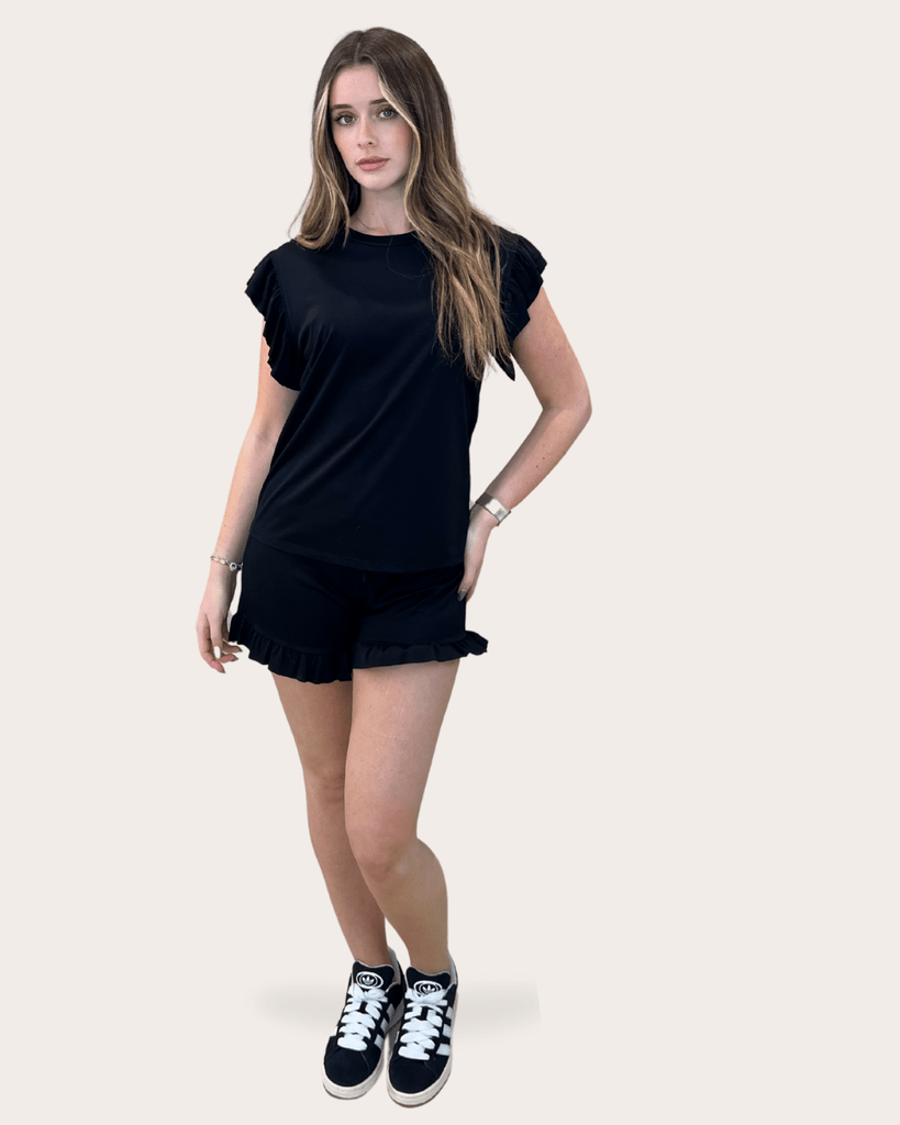 Black Frill Edge T-Shirt And Short Co - Ord - H&L