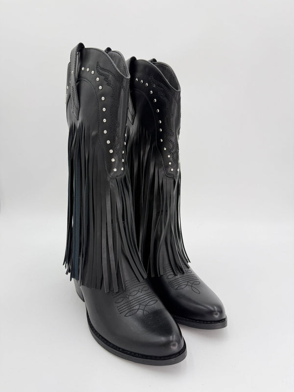 Black Fringe Faux Leather Cowboy Boots - H&L
