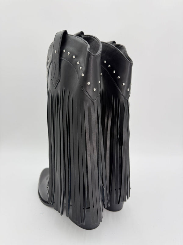 Black Fringe Faux Leather Cowboy Boots - H&L