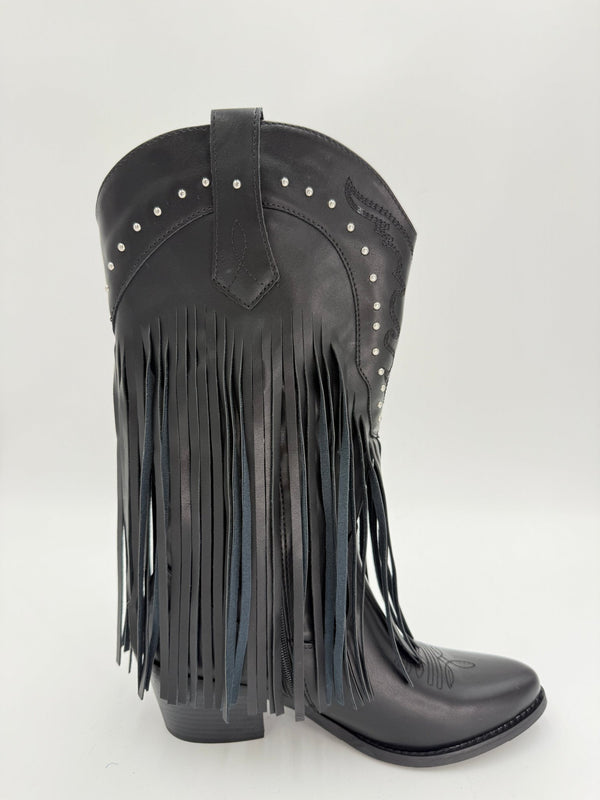 Black Fringe Faux Leather Cowboy Boots - H&L