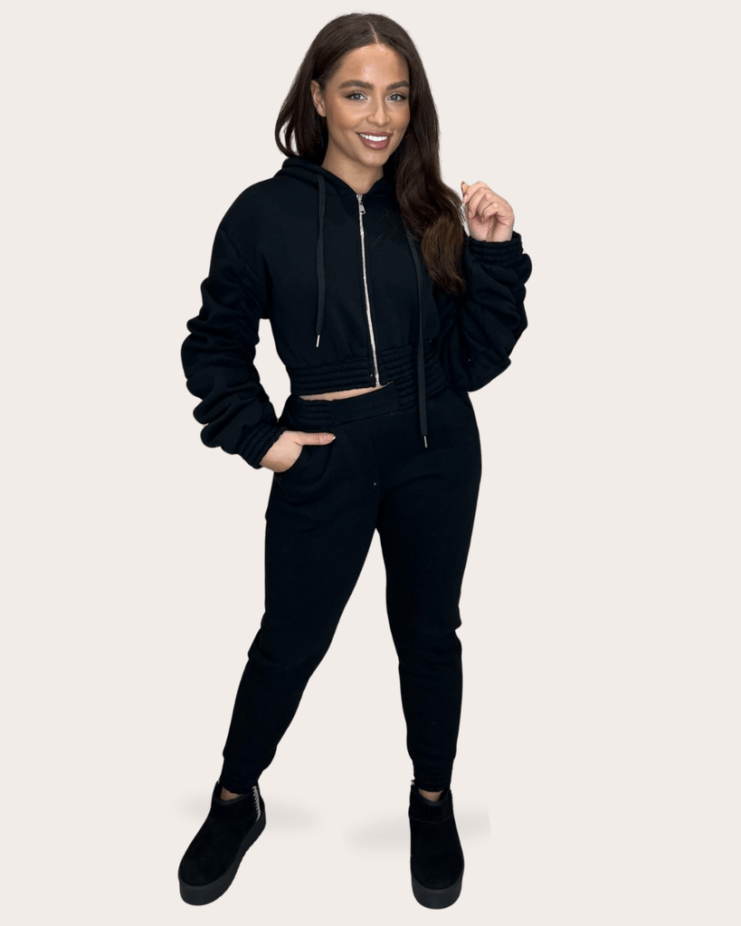 Black Hooded Ruched Sleeve Tracksuit - H&L
