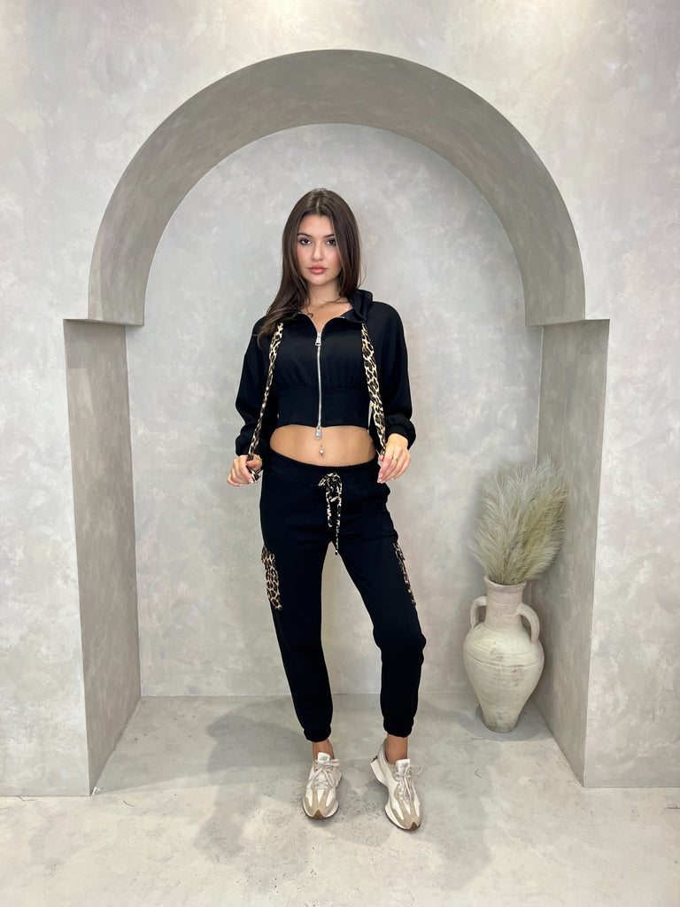 Black Leopard Cropped Zipped Hoodie - H&L