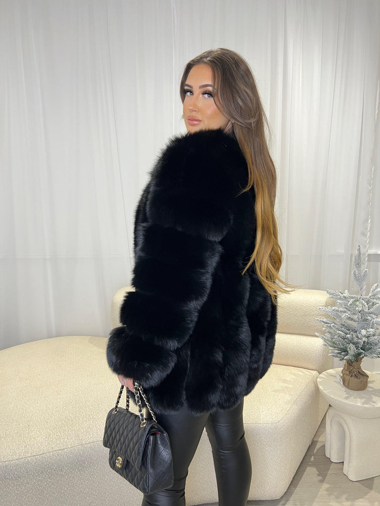 Black Luxury Fur Mid Length Coat - H&L 