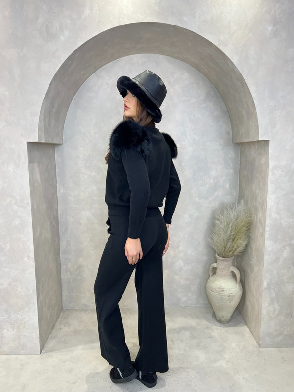Black Luxury Fur Roll Neck Wide Leg Tracksuit - H&L