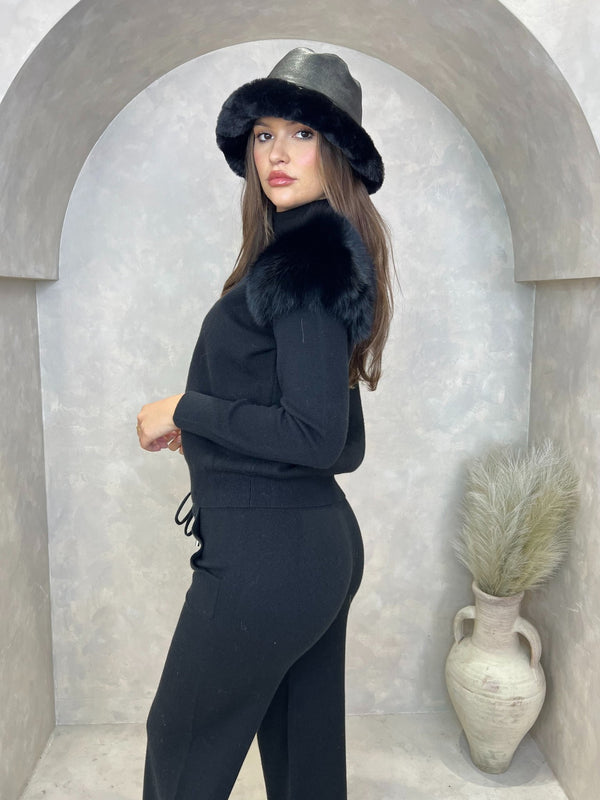 Black Luxury Fur Roll Neck Wide Leg Tracksuit - H&L