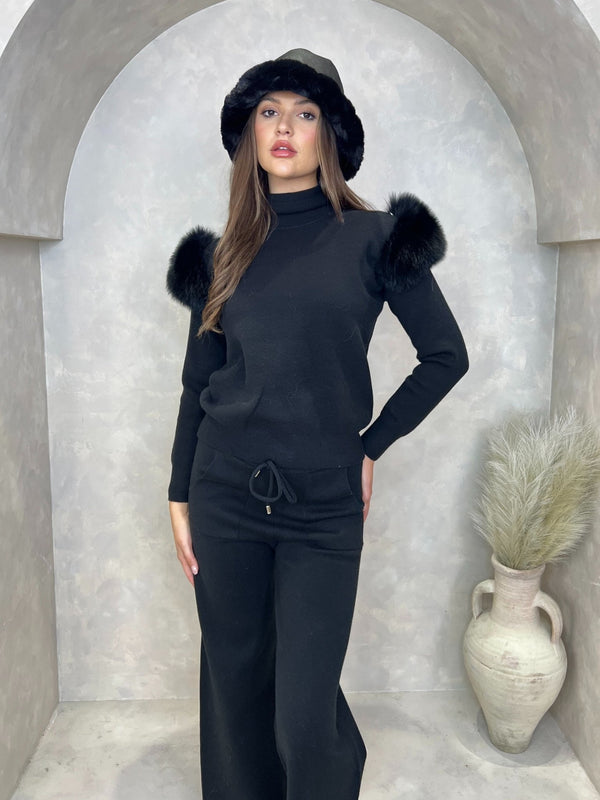 Black Luxury Fur Roll Neck Wide Leg Tracksuit - H&L