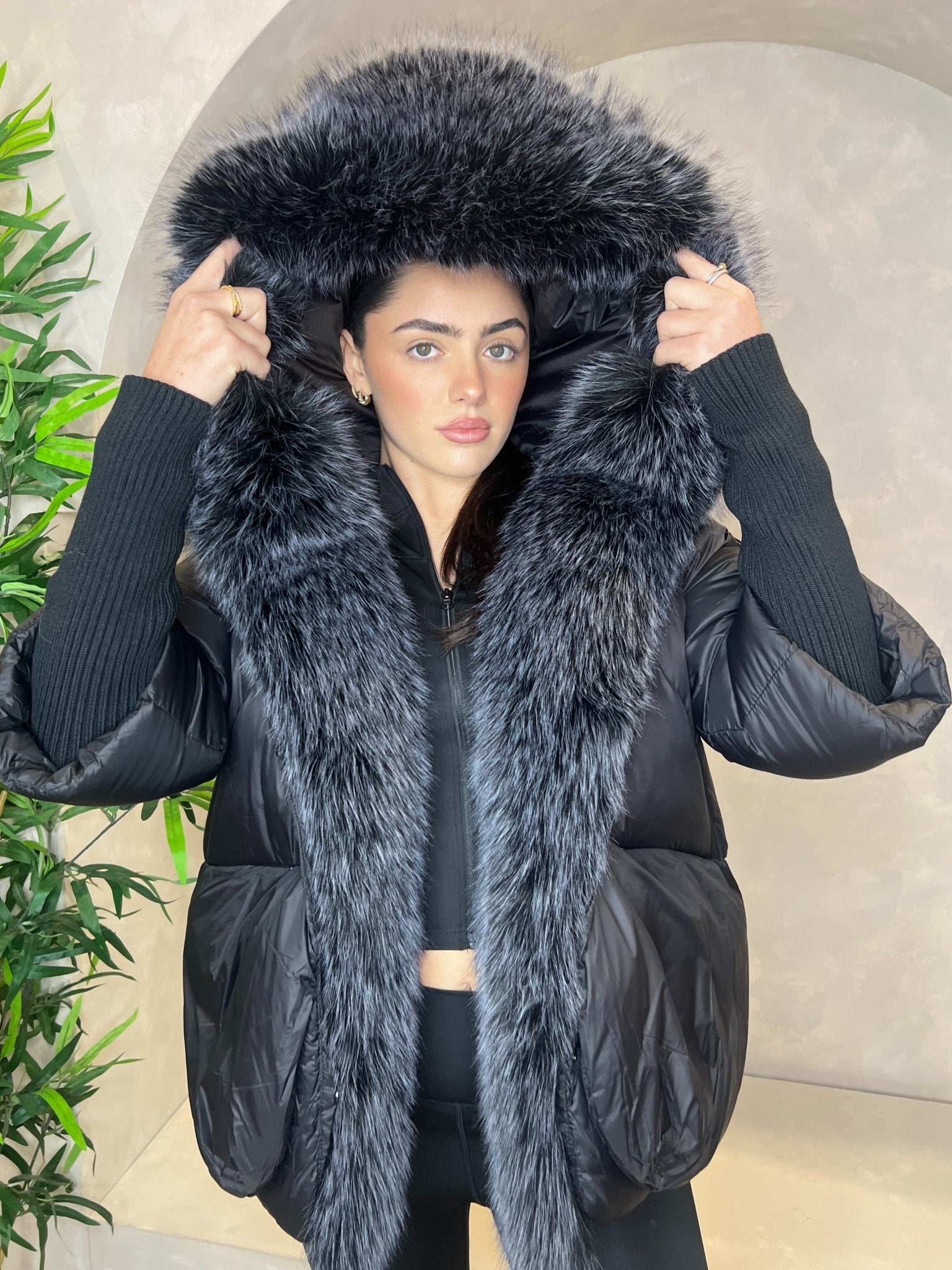Coat With Fur Trim Black Hooded Fluffy Jacket Black Premium Faux