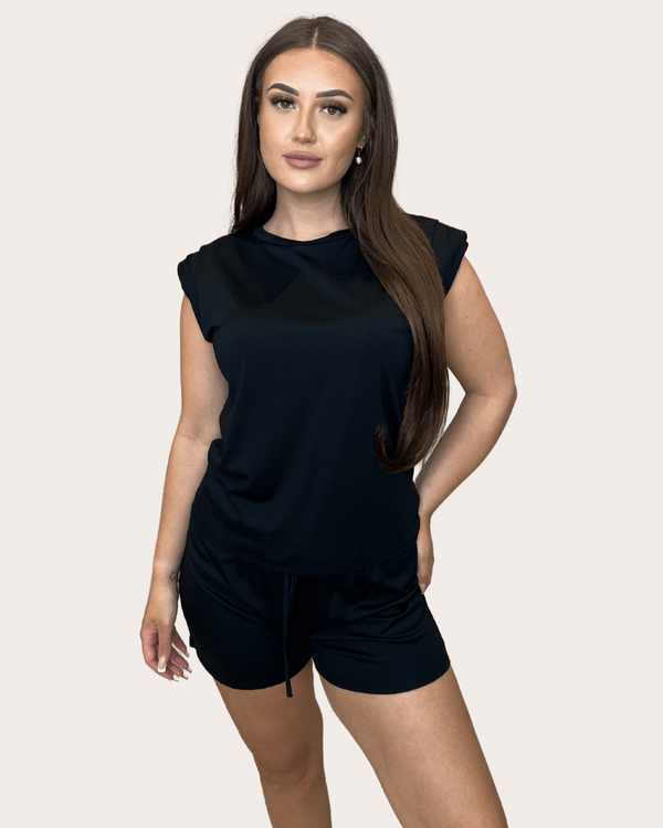 Black Shoulder Pad Top And Short Co - Ord - H&L
