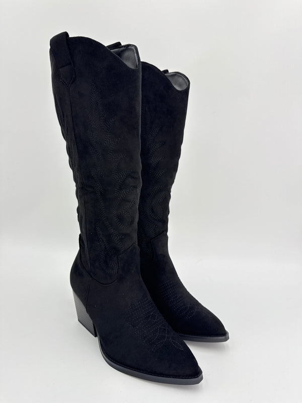 Black Suede Effect Cowboy Boots - H&L