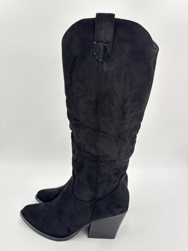 Black Suede Effect Cowboy Boots - H&L