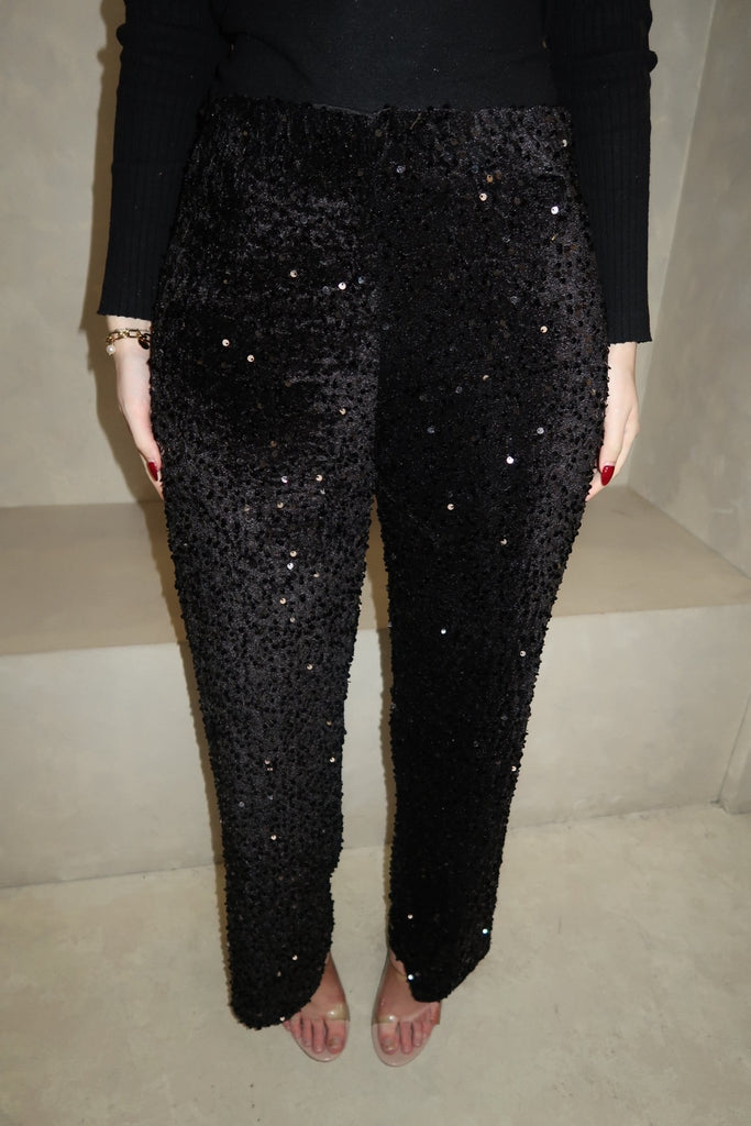 Black Wide Leg Sequin Trousers - H&L