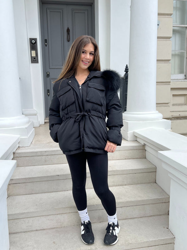 Black/Black Fur Drawstring Luxury Fur Padded Belted Coat - H&L
