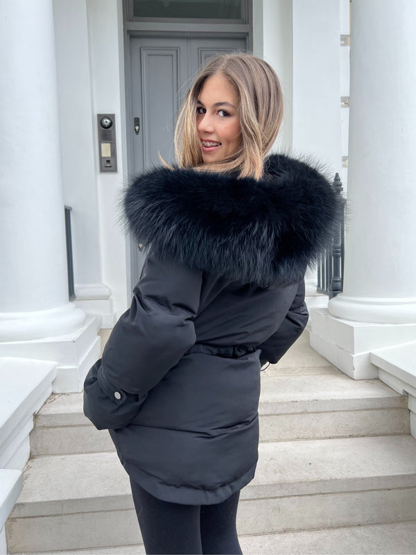 Black/Black Fur Drawstring Luxury Fur Padded Belted Coat - H&L