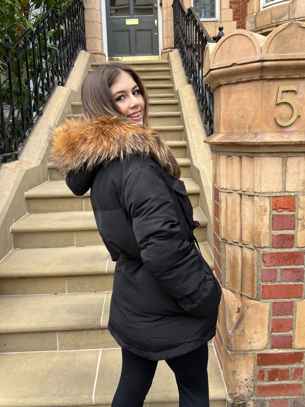 Black/Natural Fur Drawstring Luxury Fur Padded Belted Coat - H&L