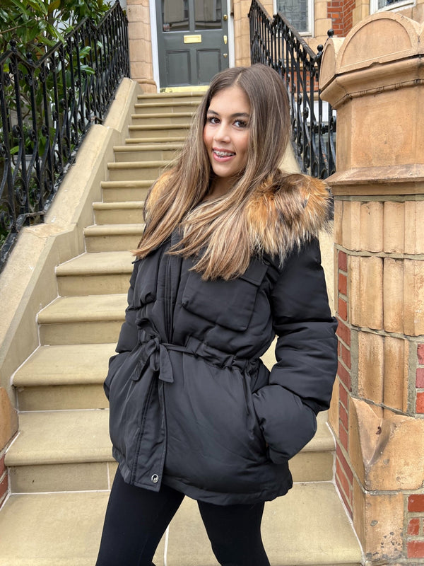 Black/Natural Fur Drawstring Luxury Fur Padded Belted Coat - H&L