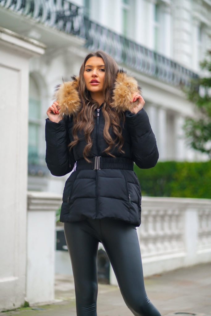 Black/Natural Fur Luxury Fur Padded Belted Coat - H&L