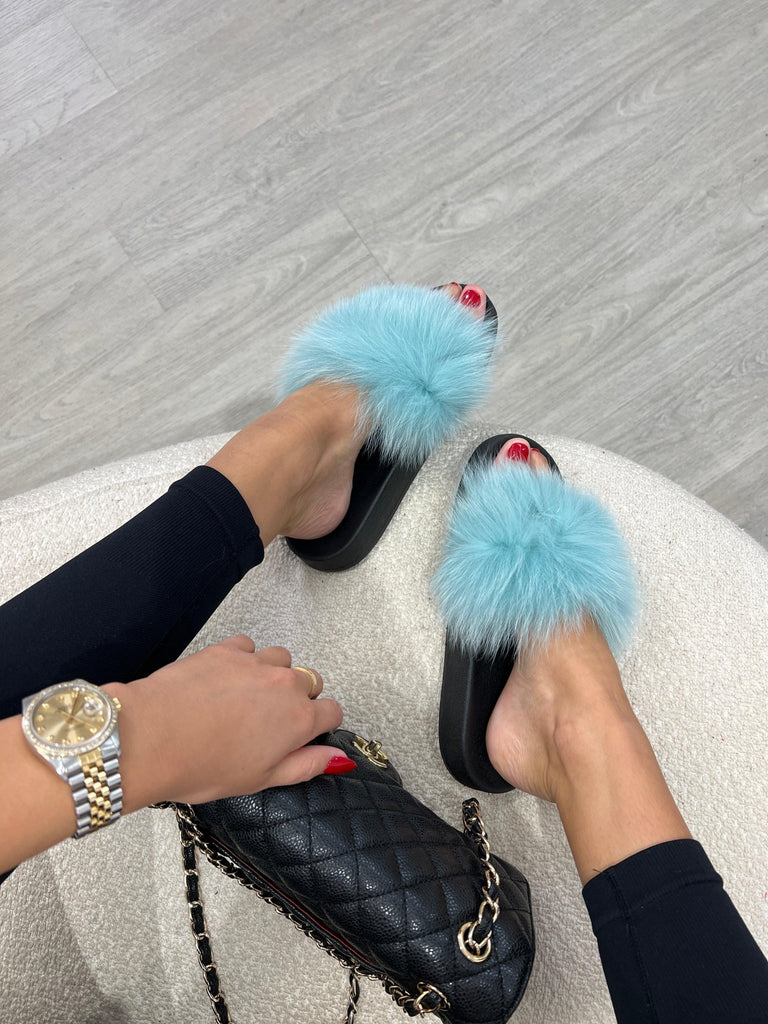 Blue Luxury Fur Sliders - H&L