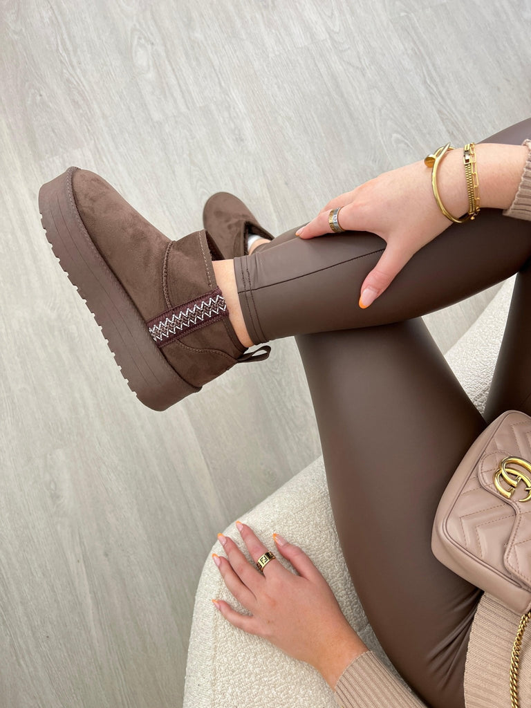 Brown Faux Fur Mini Platform Boots with Stitch Detail - H&L