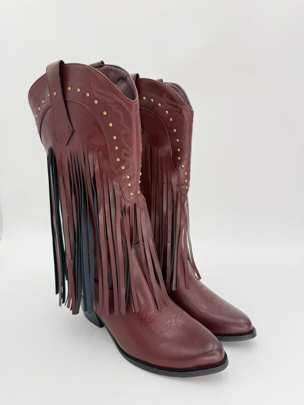Burgundy Fringe Faux Leather Cowboy Boots - H&L