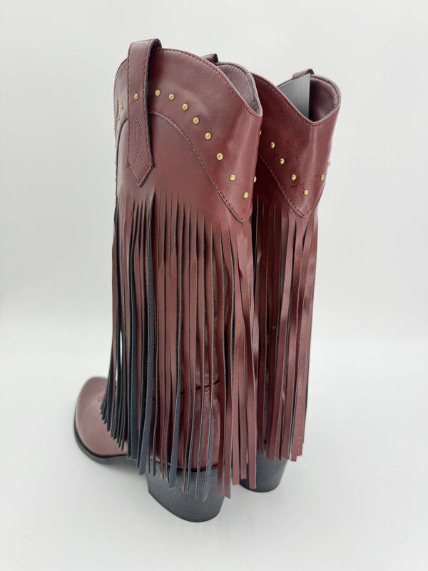 Burgundy Fringe Faux Leather Cowboy Boots - H&L