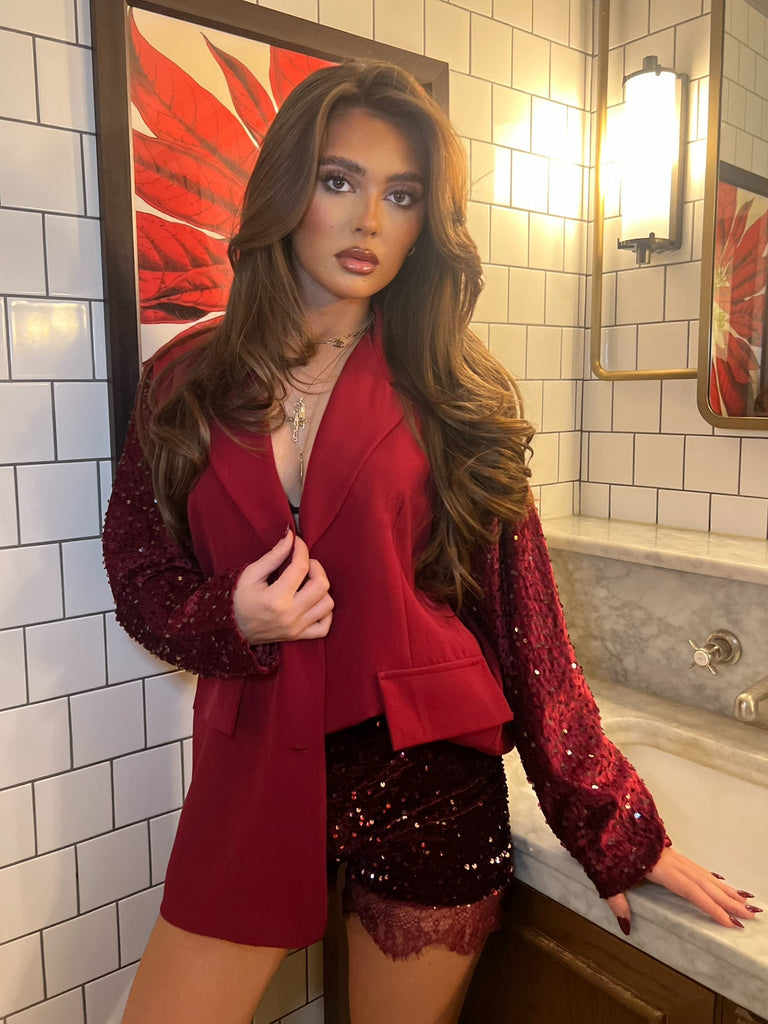 Burgundy Lace Trim Sequin Shorts - H&L