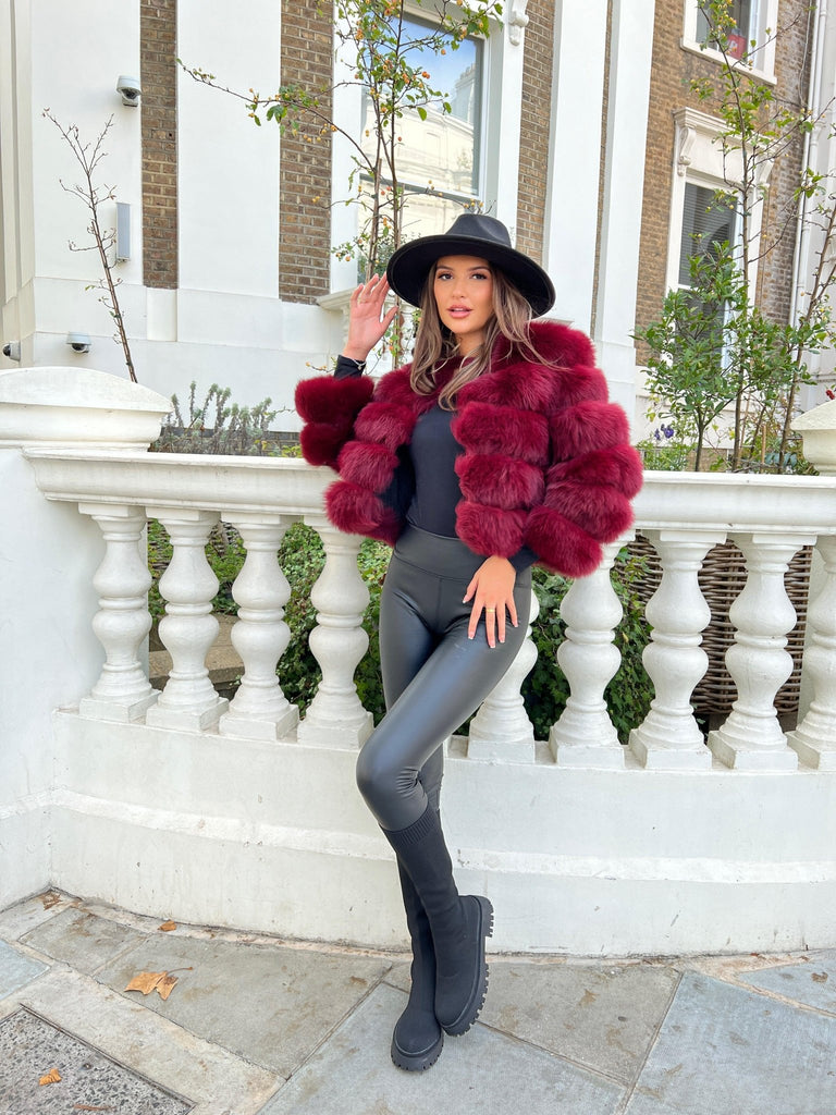 Burgundy Luxury Fur 5 Row Cropped Sleeve Jacket - H&L
