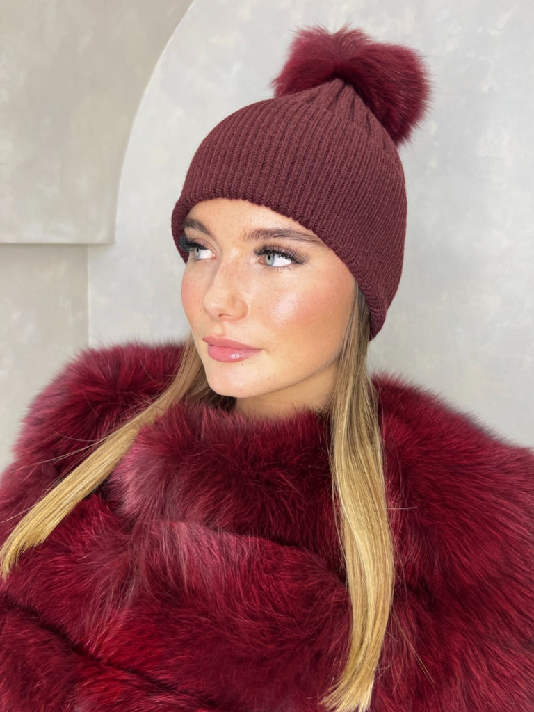Burgundy Luxury Fur Bobble Hat - H&L