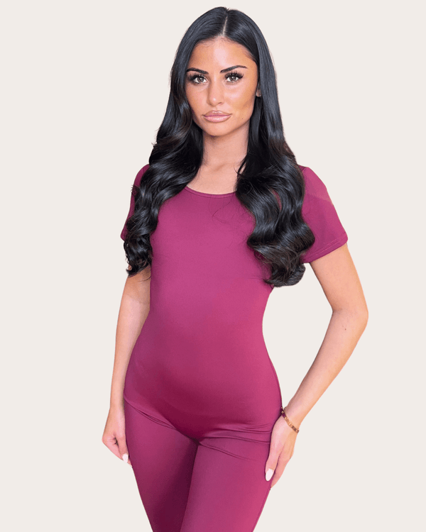 Burgundy Short Sleeve Cut Out Back Unitard - H&L