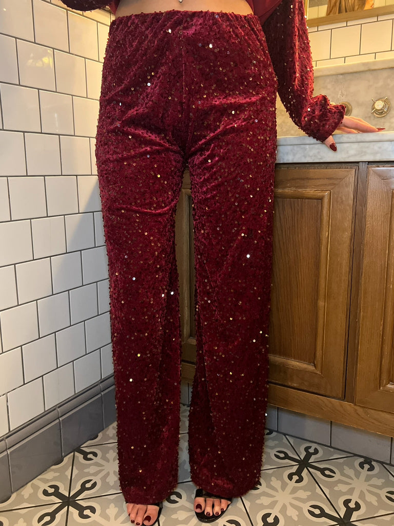 Burgundy Wide Leg Sequin Trousers - H&L