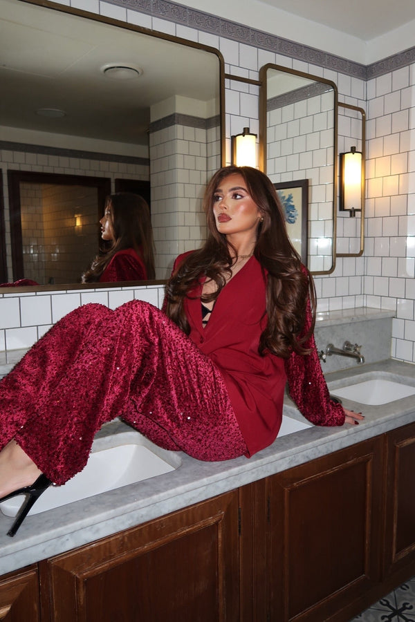 Burgundy Wide Leg Sequin Trousers - H&L