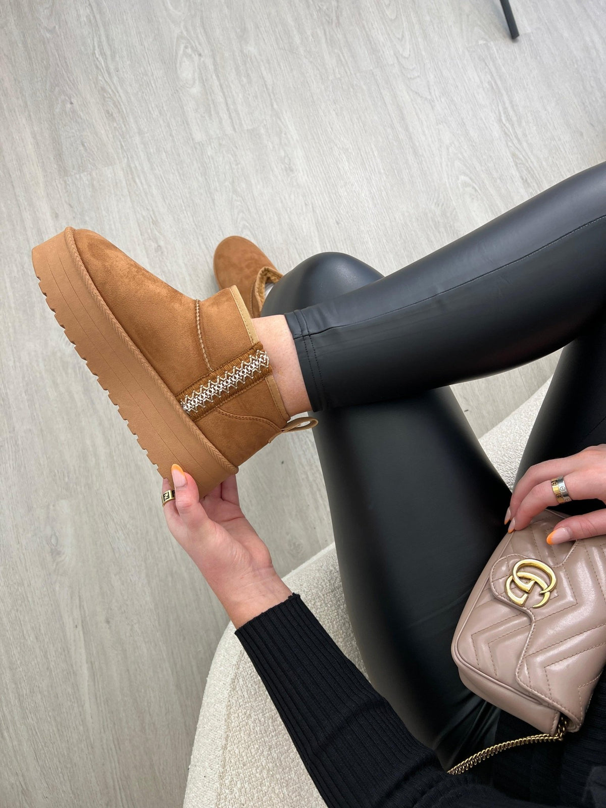 Faux Fur Mini Platform Boots Stitch Detail