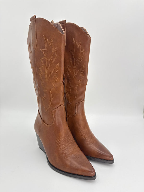 Camel Faux Leather Embroidered Cowboy Boots - H&L