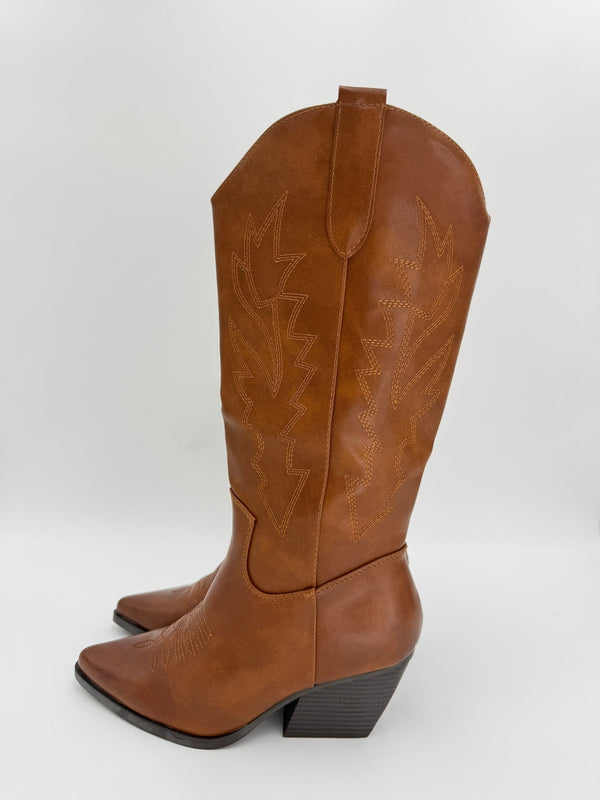 Camel Faux Leather Embroidered Cowboy Boots - H&L