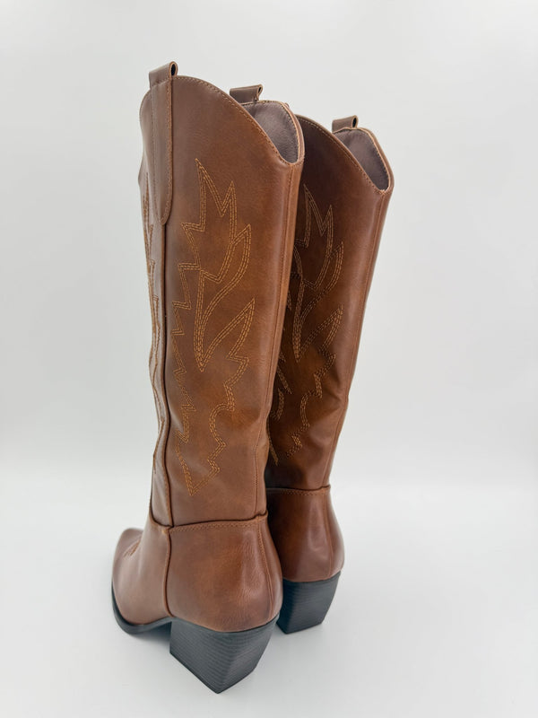 Camel Faux Leather Embroidered Cowboy Boots - H&L