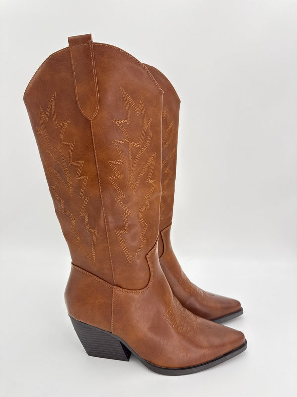 Camel Faux Leather Embroidered Cowboy Boots - H&L
