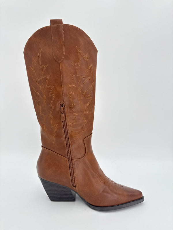 Camel Faux Leather Embroidered Cowboy Boots - H&L