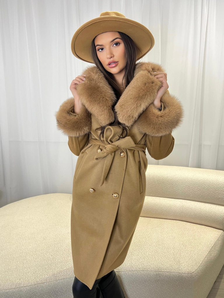 Camel Luxury Fur Cashmere Coat - H&L