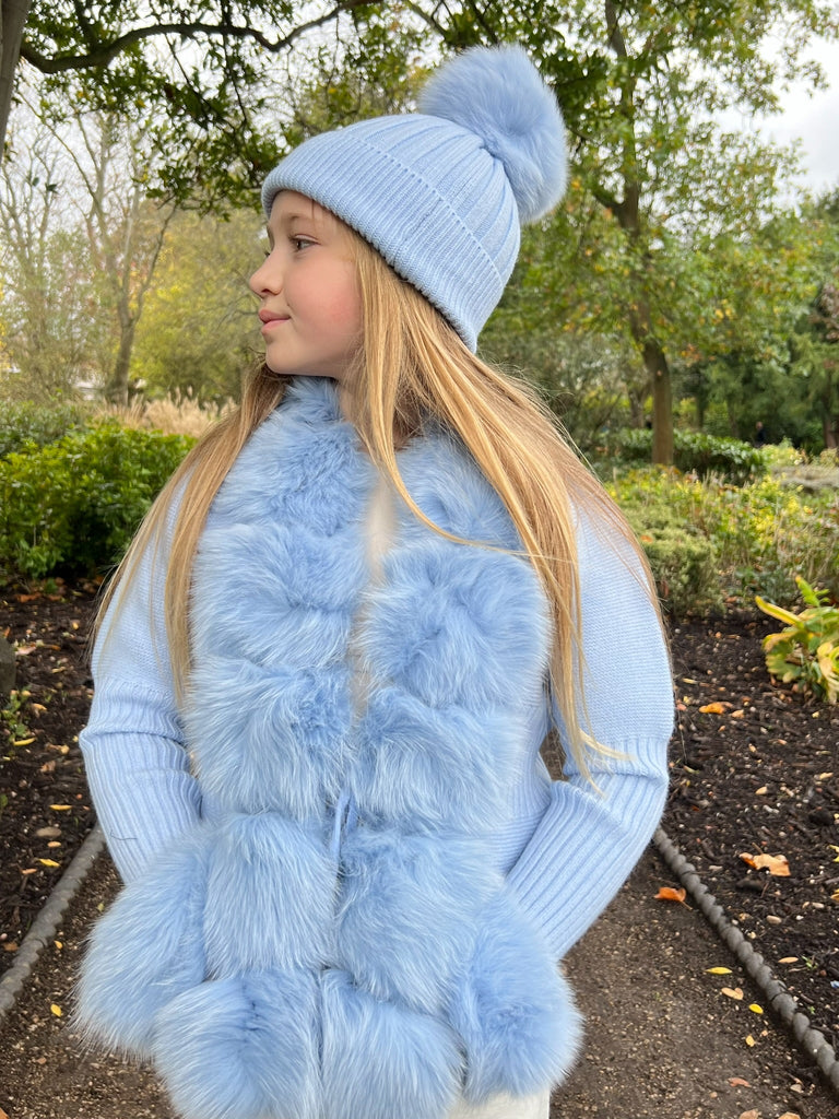 Childrens Baby Blue Luxury Fur Bobble Hat - H&L