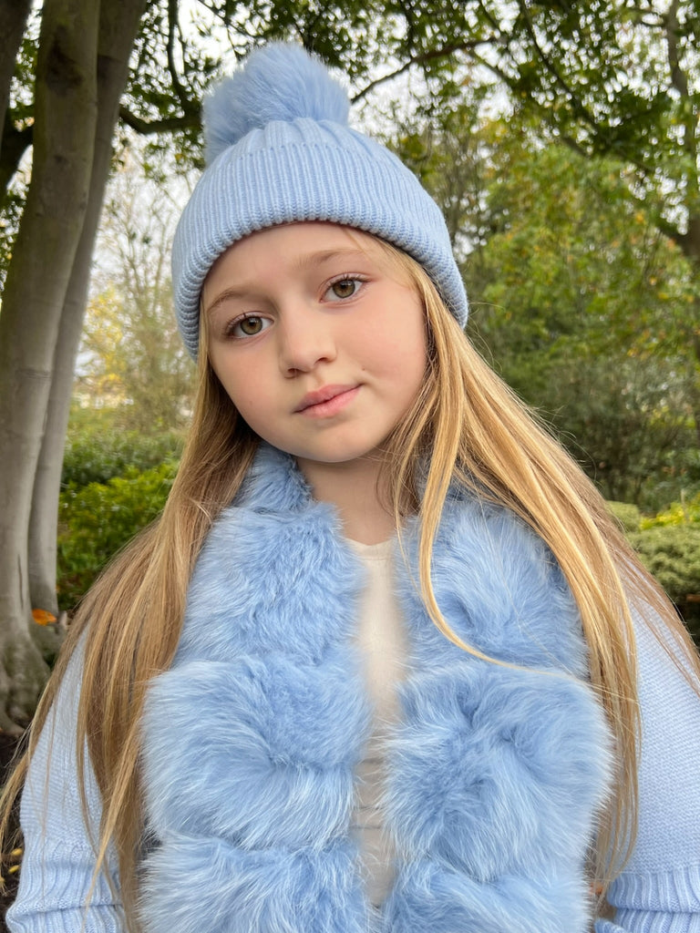 Childrens Baby Blue Luxury Fur Bobble Hat - H&L