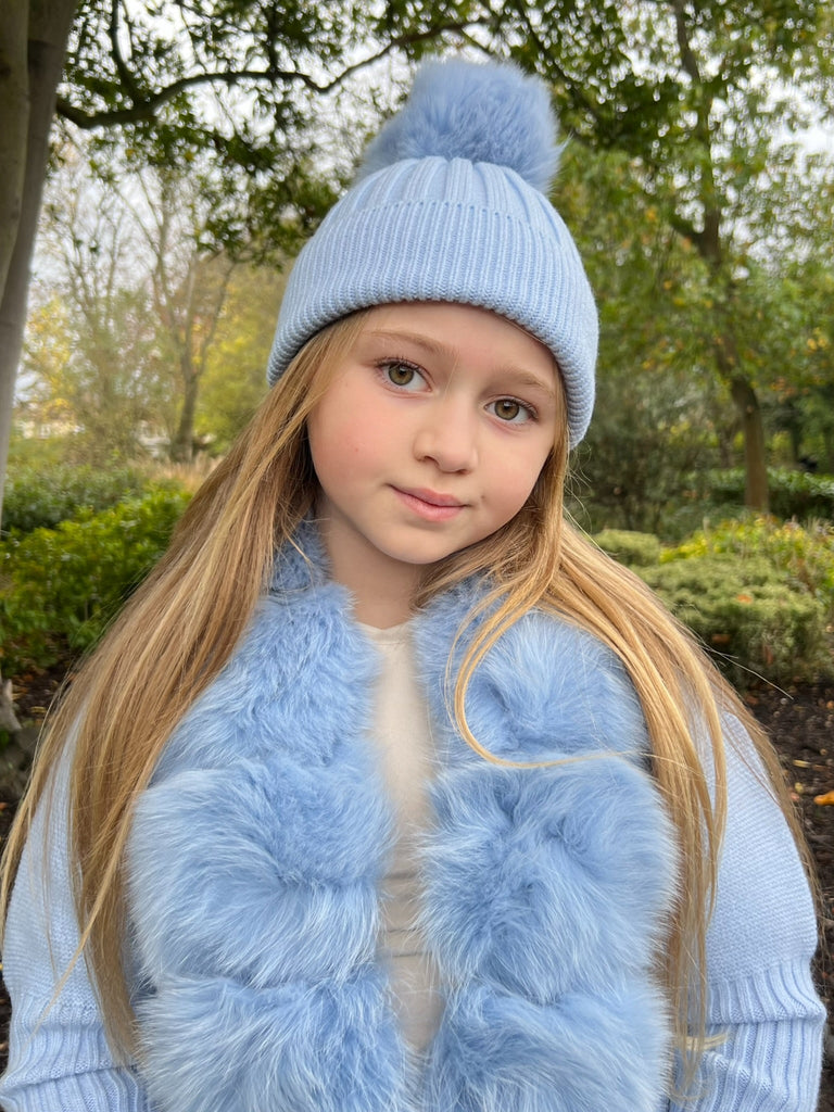 Childrens Baby Blue Luxury Fur Bobble Hat - H&L