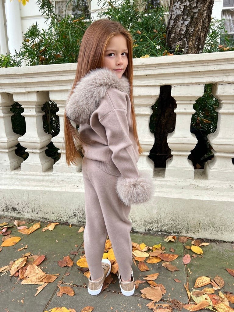 Children's Beige Premium Faux Fur Jogger Tracksuit - H&L