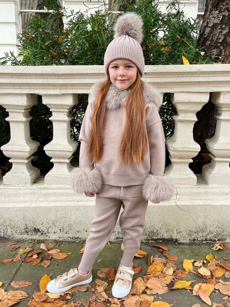 Children's Beige Premium Faux Fur Jogger Tracksuit - H&L