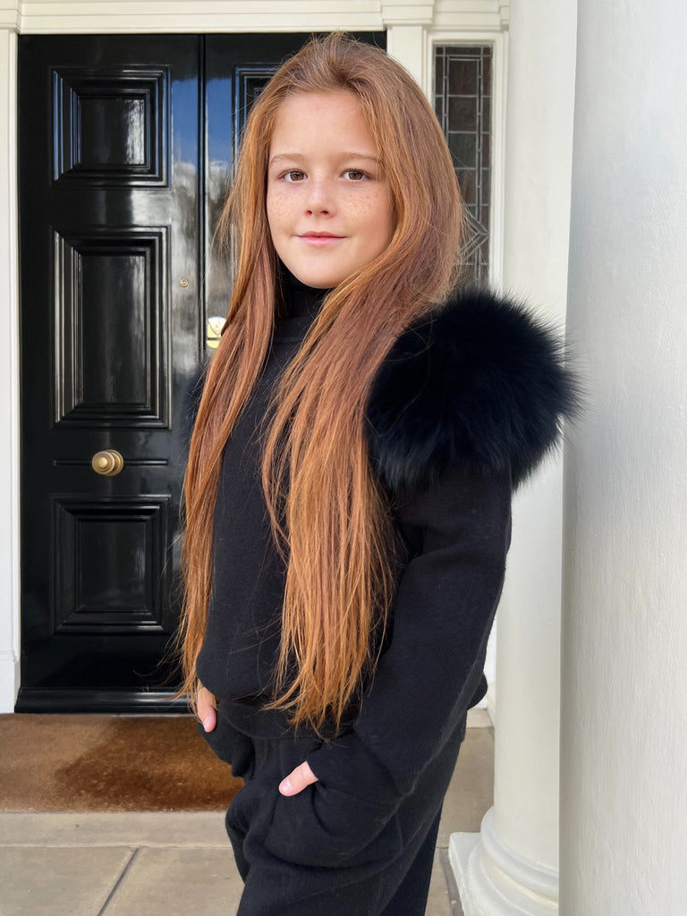 Childrens Black Luxury Fur Roll Neck Wide Leg Tracksuit - H&L