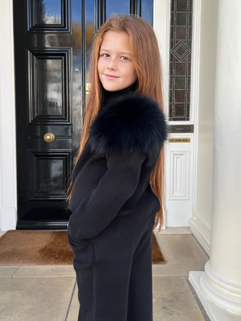 Childrens Black Luxury Fur Roll Neck Wide Leg Tracksuit - H&L